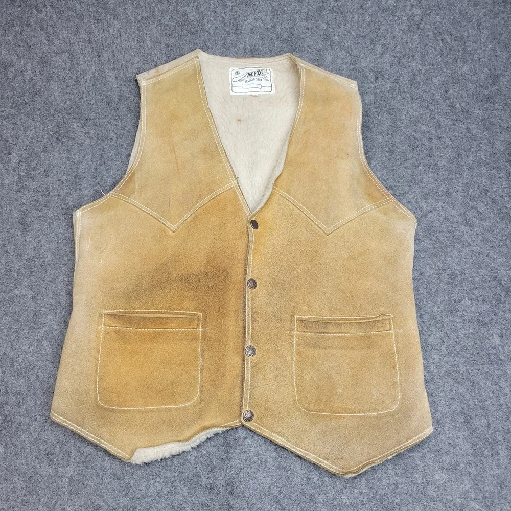 The Fox Leather Shop Vest Mens 42 Brown Sherpa Lined Hunting Prepper Country